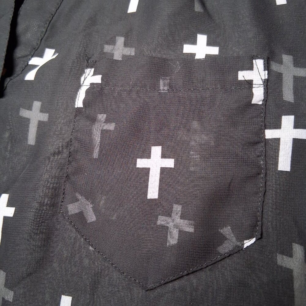Wet Seal Holy Cross Blouse XL Black Sheer Roll Tab Sleeve Emo Goth Religious - Picture 14 of 14
